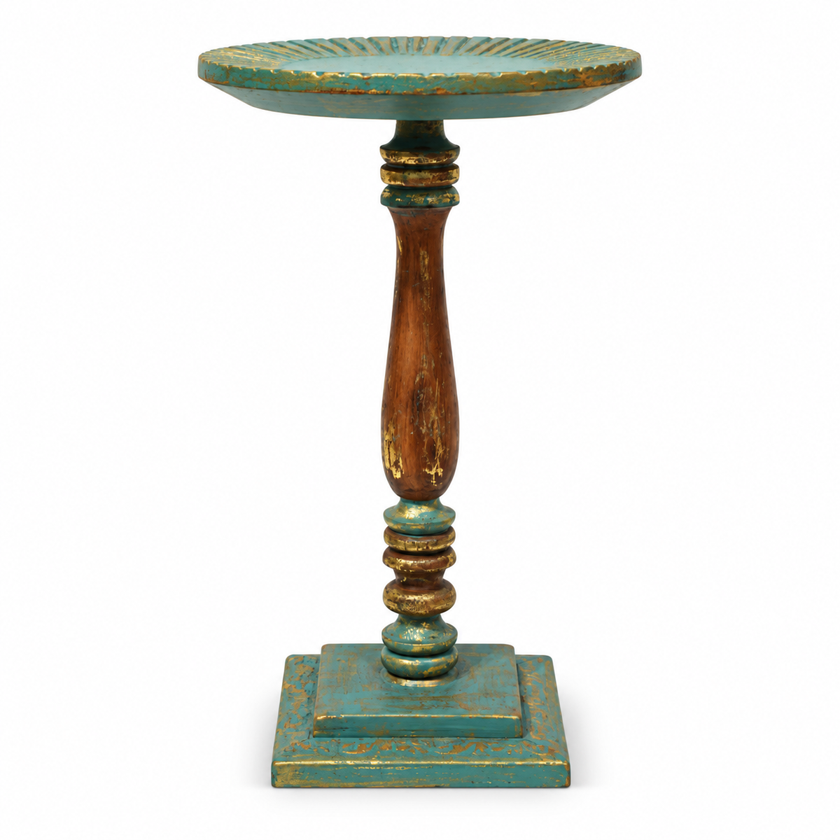 Handcrafted Antique Wooden Pedestal Blue and Gold front view for floor décor – hoWme