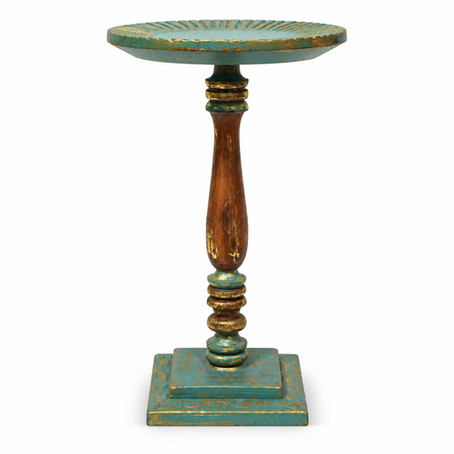 Handcrafted Antique Wooden Pedestal Blue and Gold front view for floor décor – hoWme