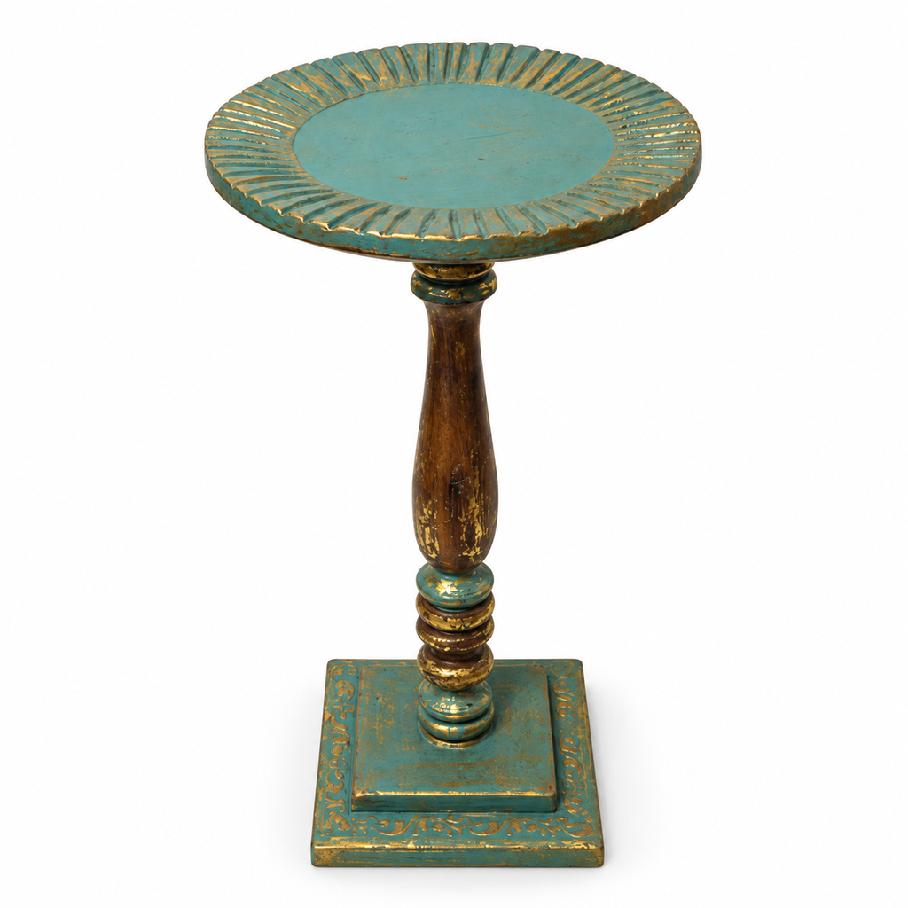 Handcrafted Antique Wooden Pedestal Blue and Gold top angle for floor décor – hoWme