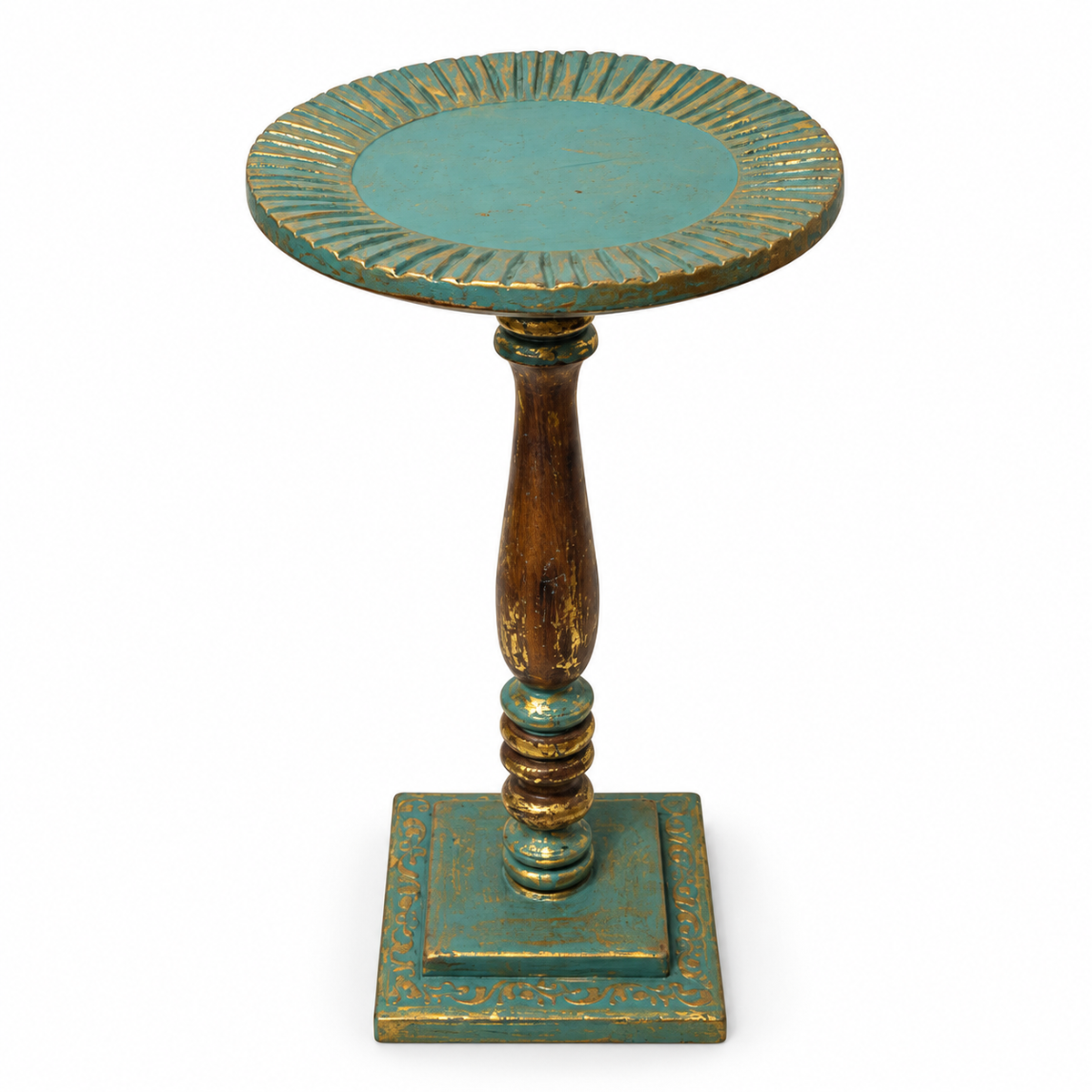 Handcrafted Antique Wooden Pedestal Blue and Gold top angle for floor décor – hoWme