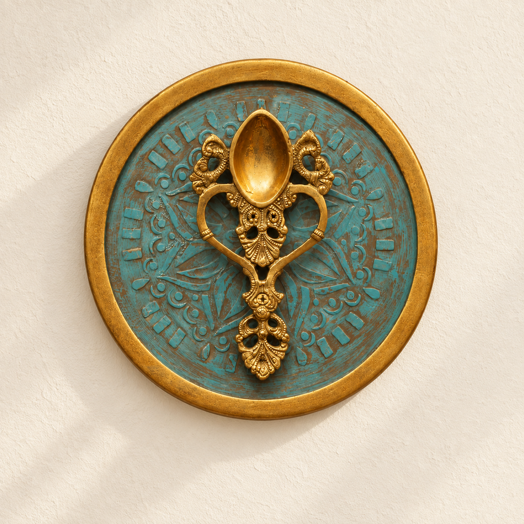 Handcrafted Framed Brass Camphor Aarti Stand Blue Backdrop ivory wall creative – hoWme
