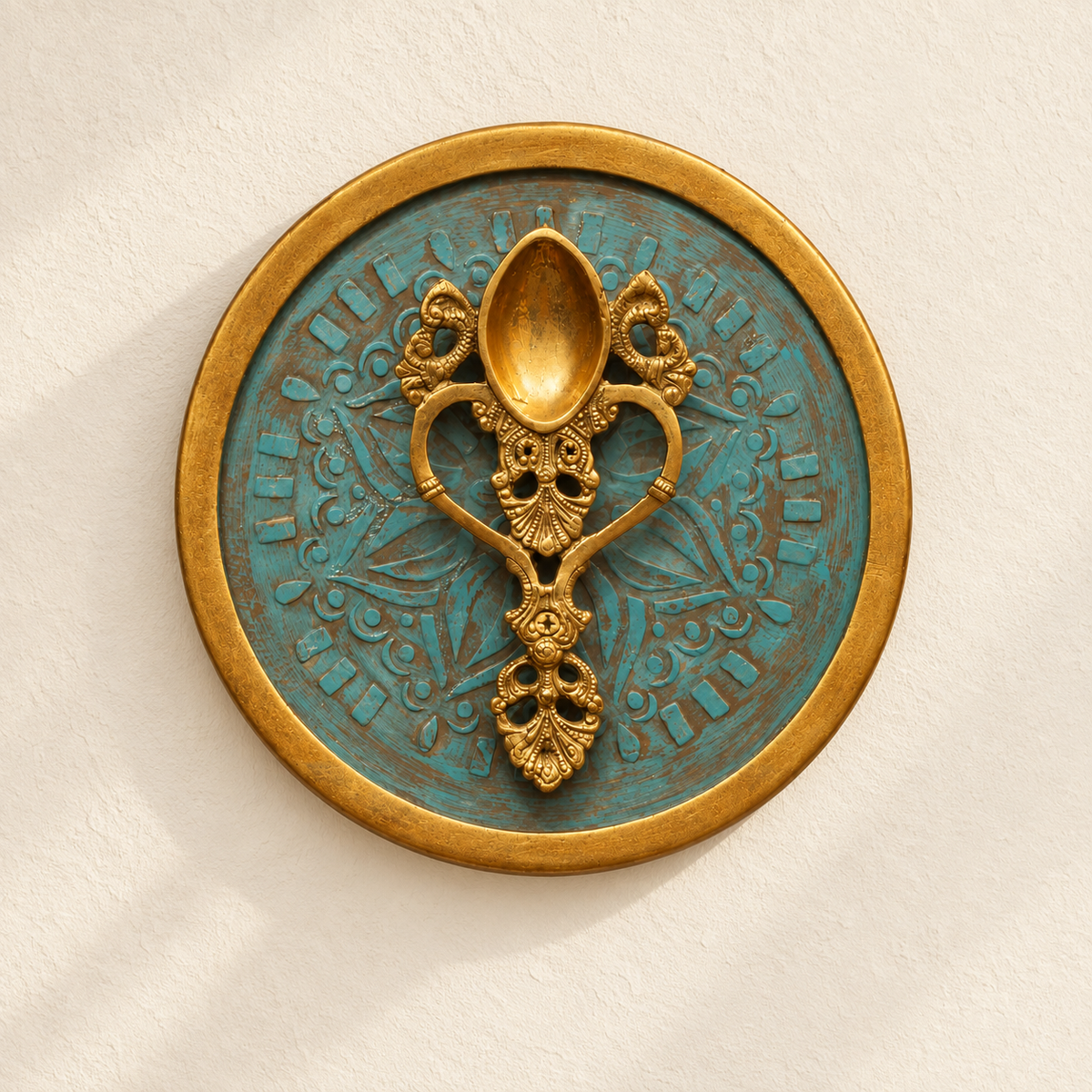 Handcrafted Framed Brass Camphor Aarti Stand Blue Backdrop ivory wall creative – hoWme