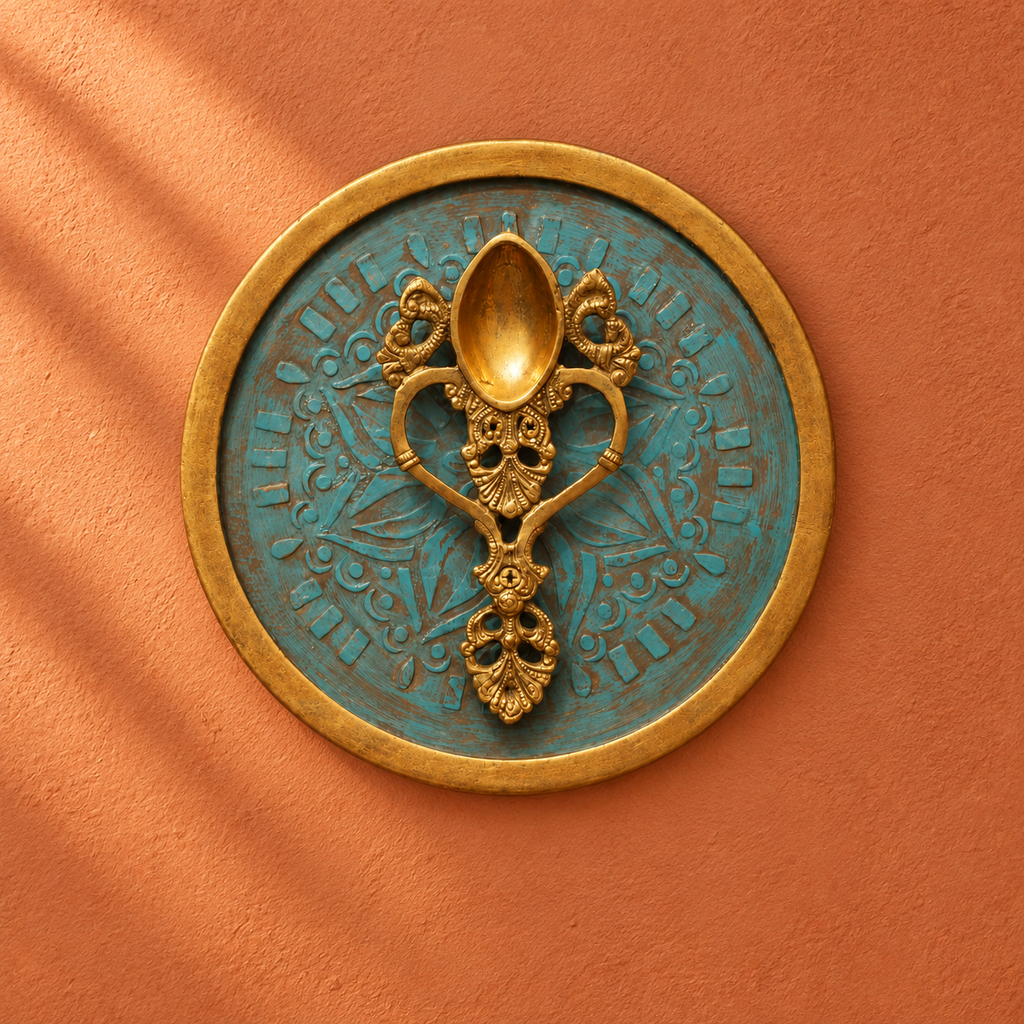 Handcrafted Framed Brass Camphor Aarti Stand Blue Backdrop terracotta wall creative – hoWme