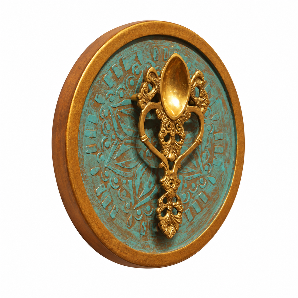 Handcrafted Framed Brass Camphor Aarti Stand Blue Backdrop angle view for wall décor – hoWme