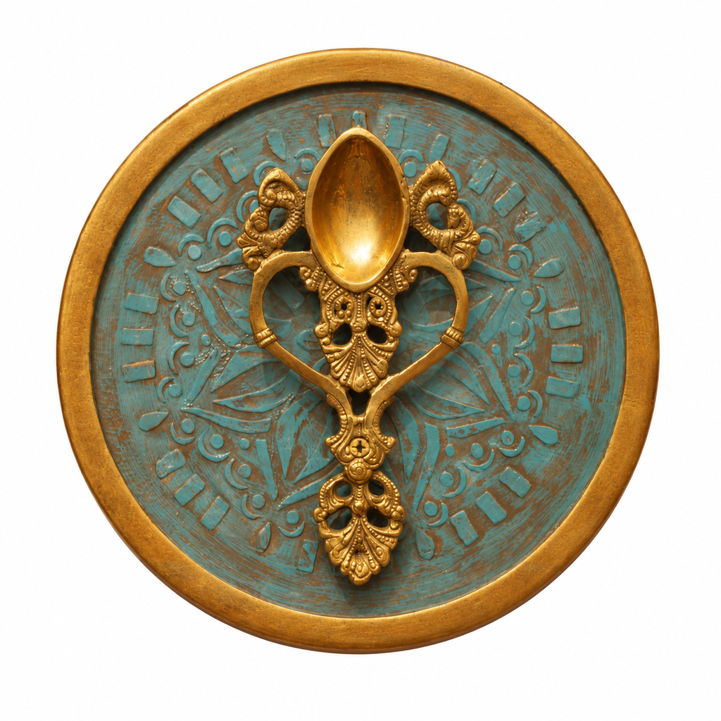 Handcrafted Framed Brass Camphor Aarti Stand Blue Backdrop front view for wall décor – hoWme