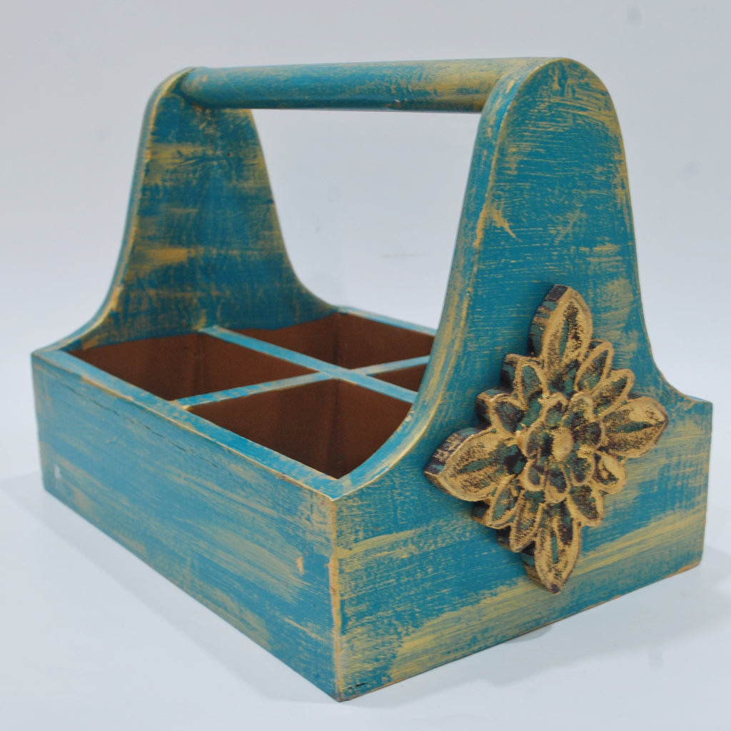 Turquoise blue wooden organiser caddy with floral accent - hoWme