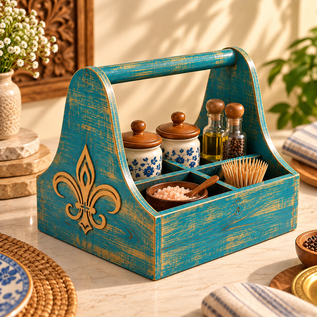 Turquoise blue wooden organiser caddy styled with kitchen jars and condiments - hoWme