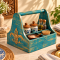 Turquoise blue wooden organiser caddy styled with kitchen jars and condiments - hoWme