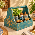 Turquoise blue wooden organiser caddy styled with plant and table essentials - hoWme