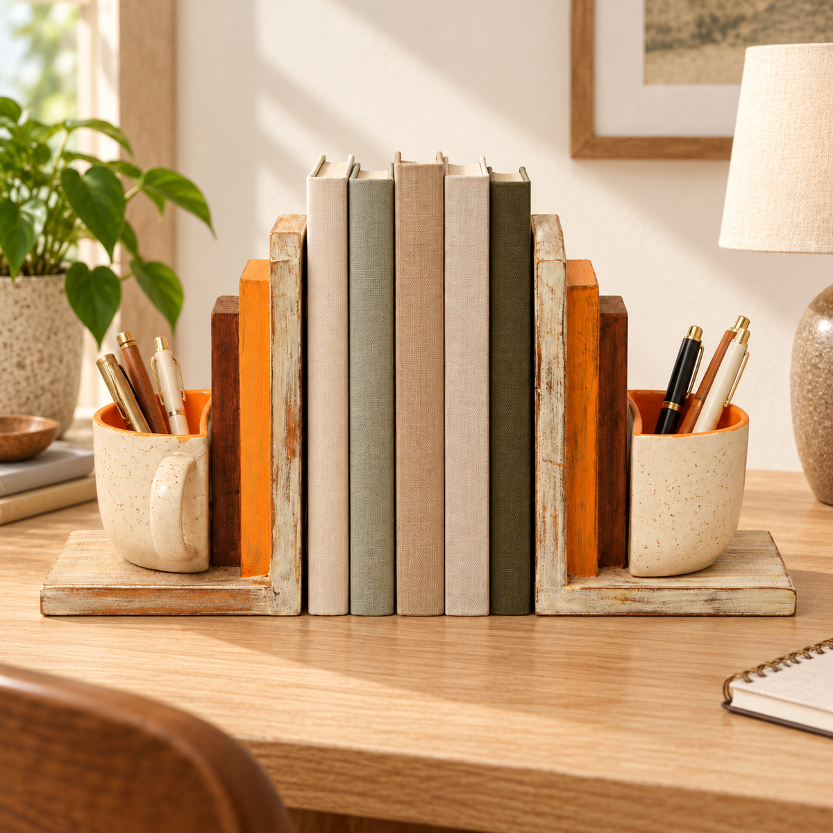 Off-white and orange open wooden bookend for table or shelf décor – hoWme