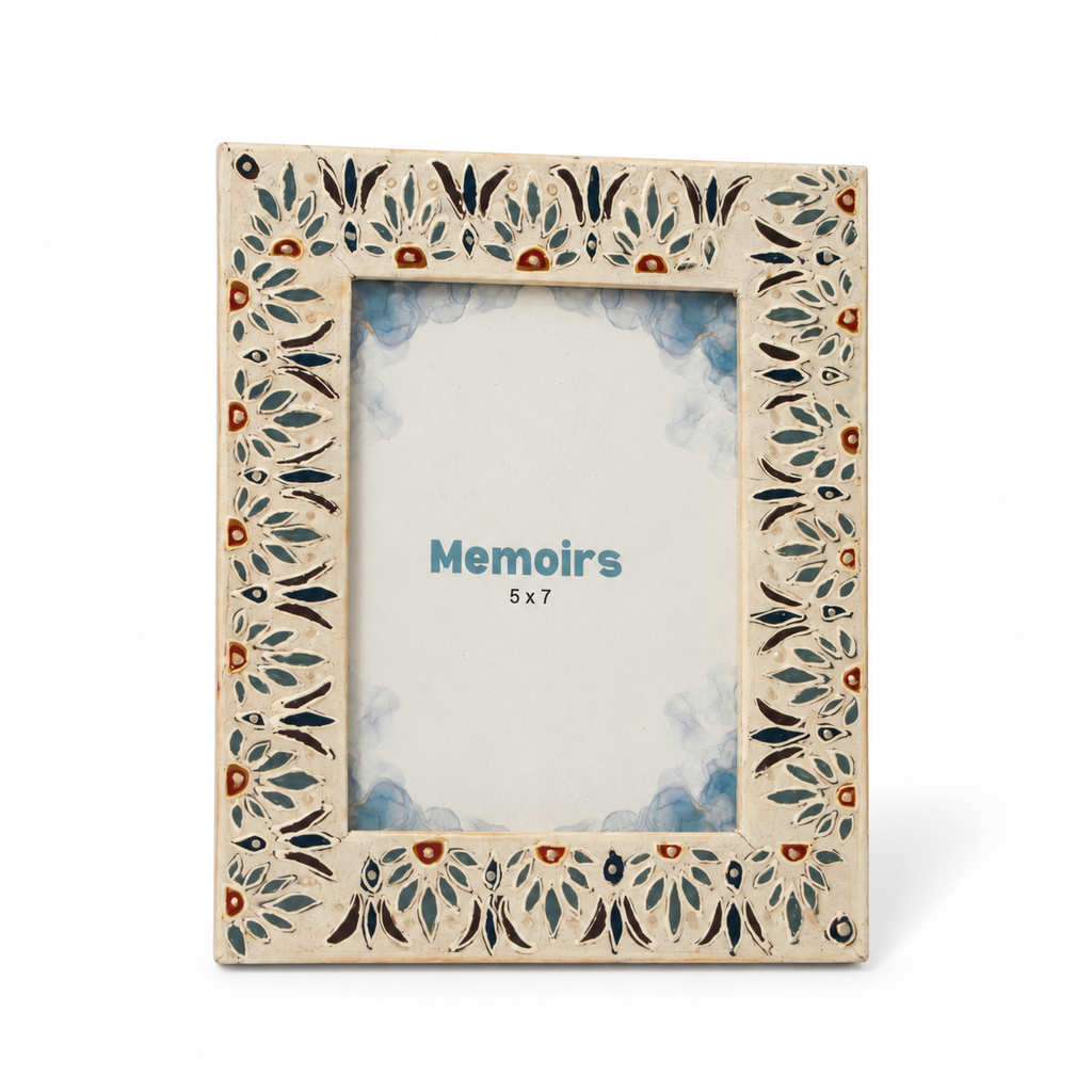 White floral wooden photo frame with glass on white background hoWme