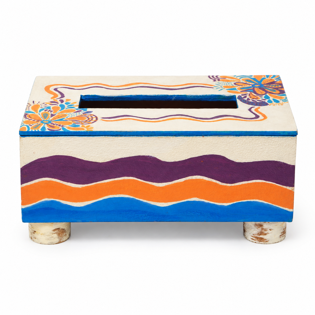 White hand-painted floral tissue holder on white background, front view for table or shelf décor – hoWme