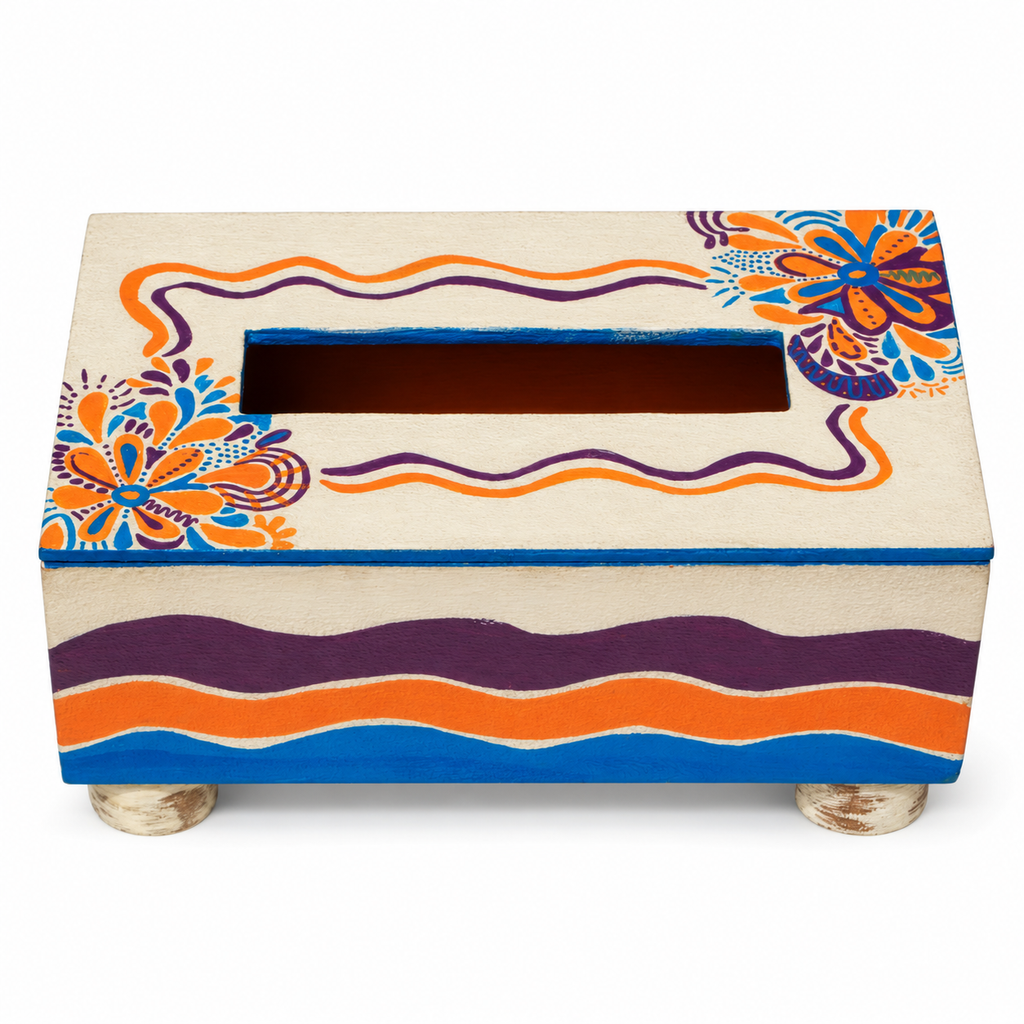 White hand-painted floral tissue holder on white background, view 2 for table or shelf décor – hoWme