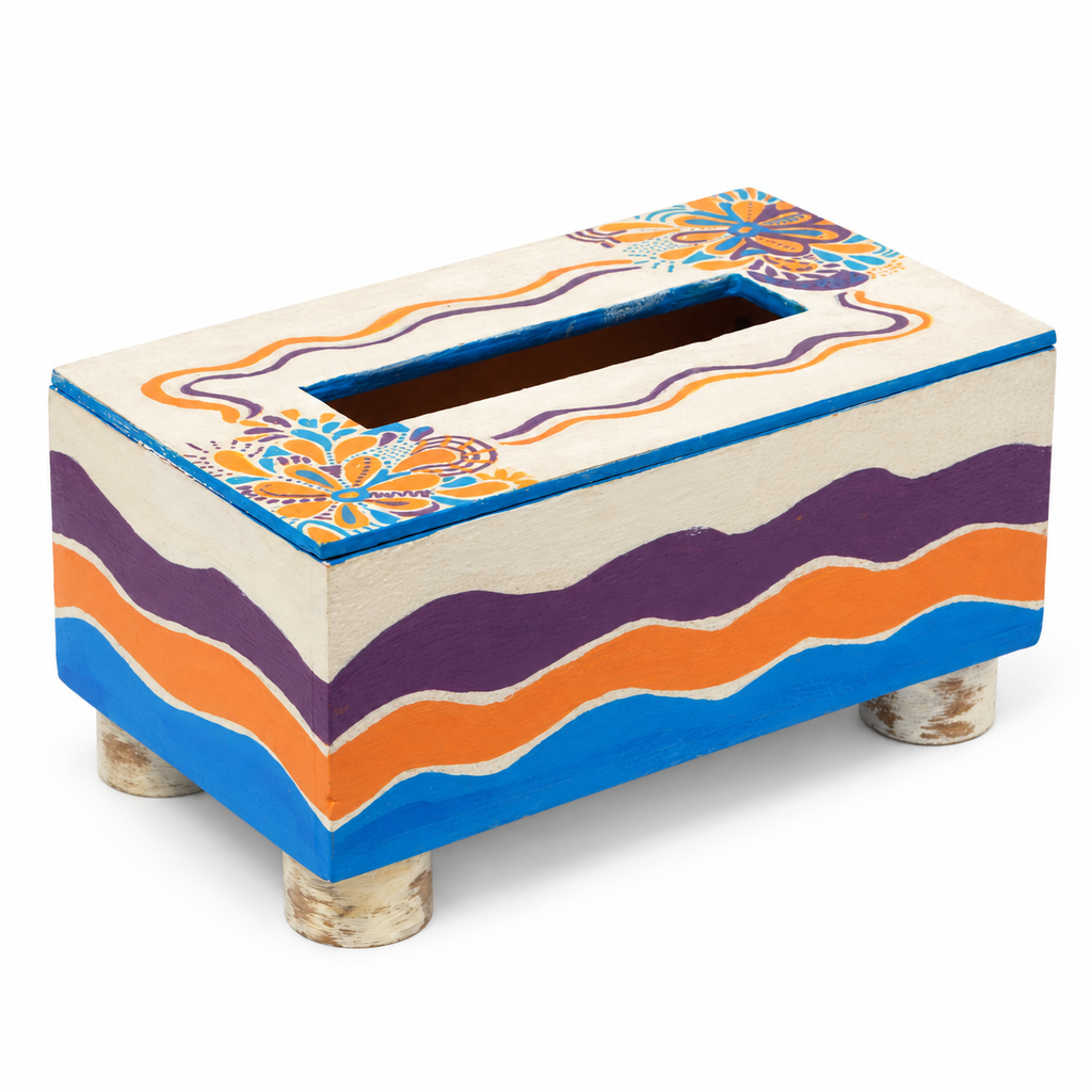 White hand-painted floral tissue holder on white background, view 3 for table or shelf décor – hoWme