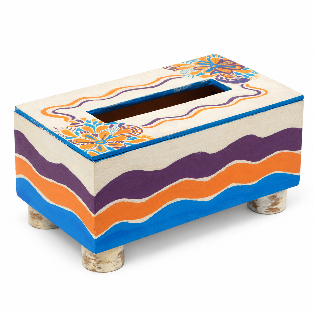 White hand-painted floral tissue holder on white background, view 3 for table or shelf décor – hoWme