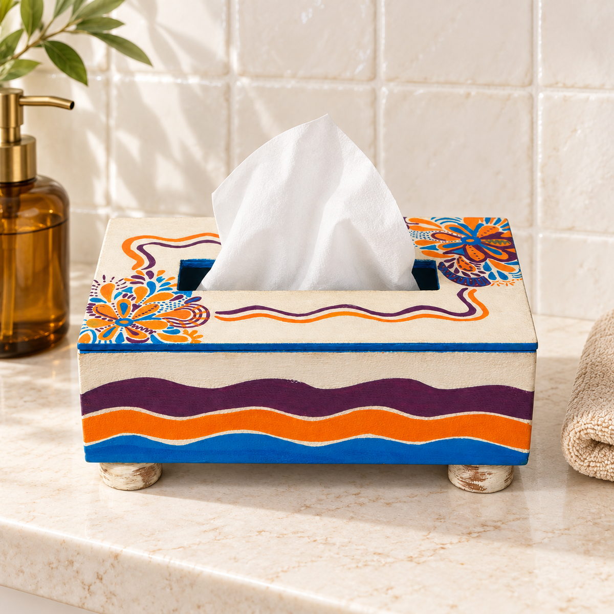 White hand-painted floral tissue holder with colourful detailing for table or shelf décor – hoWme