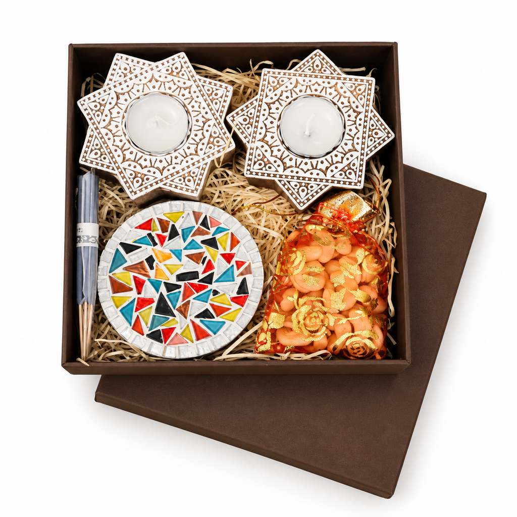 White star tealight and multicolour mosaic coaster gift box on white background - hoWme