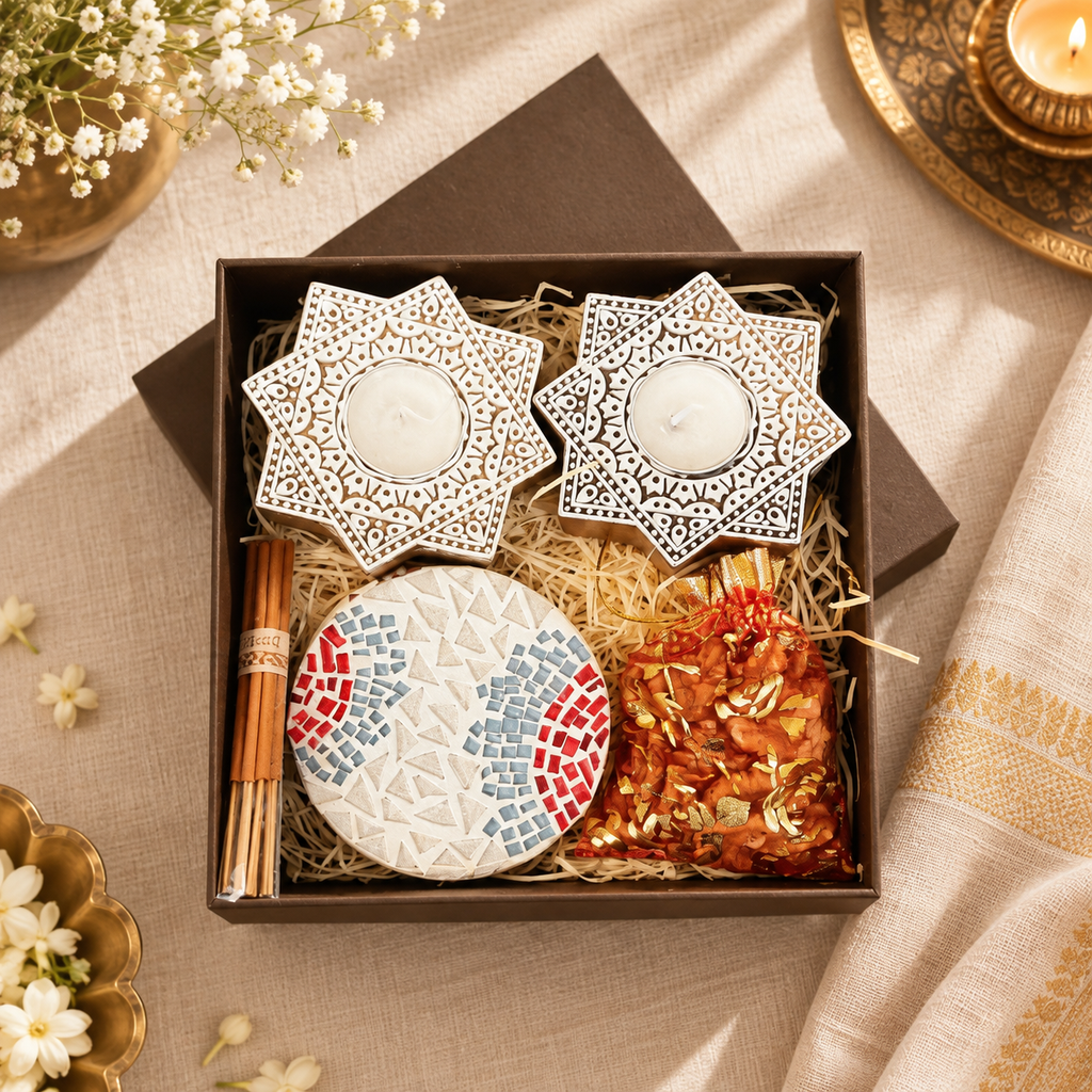 White star tealight and red blue mosaic gift box - hoWme