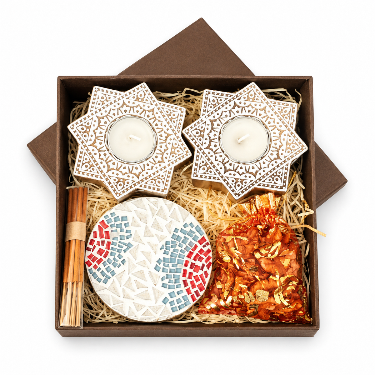White star tealight and red-blue mosaic gift box on white background - hoWme