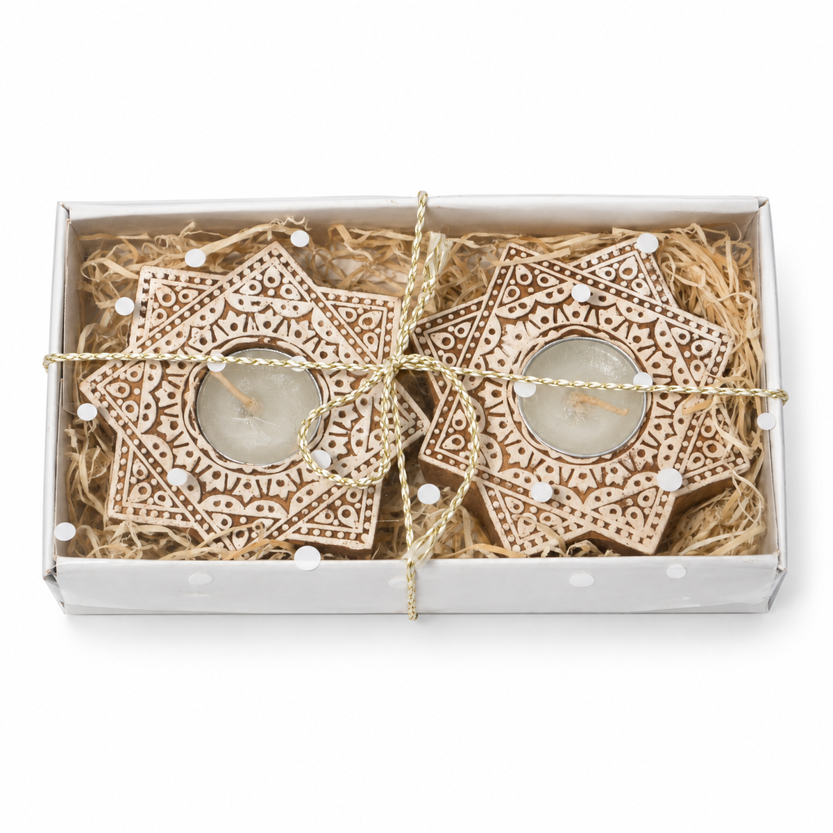 White wooden star diya with candles on a white background for table or shelf décor – hoWme