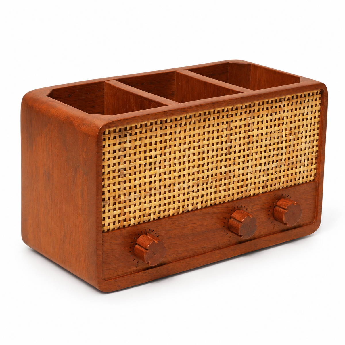 Brown wooden radio organiser with cane detail – angled view for table or shelf décor – hoWme
