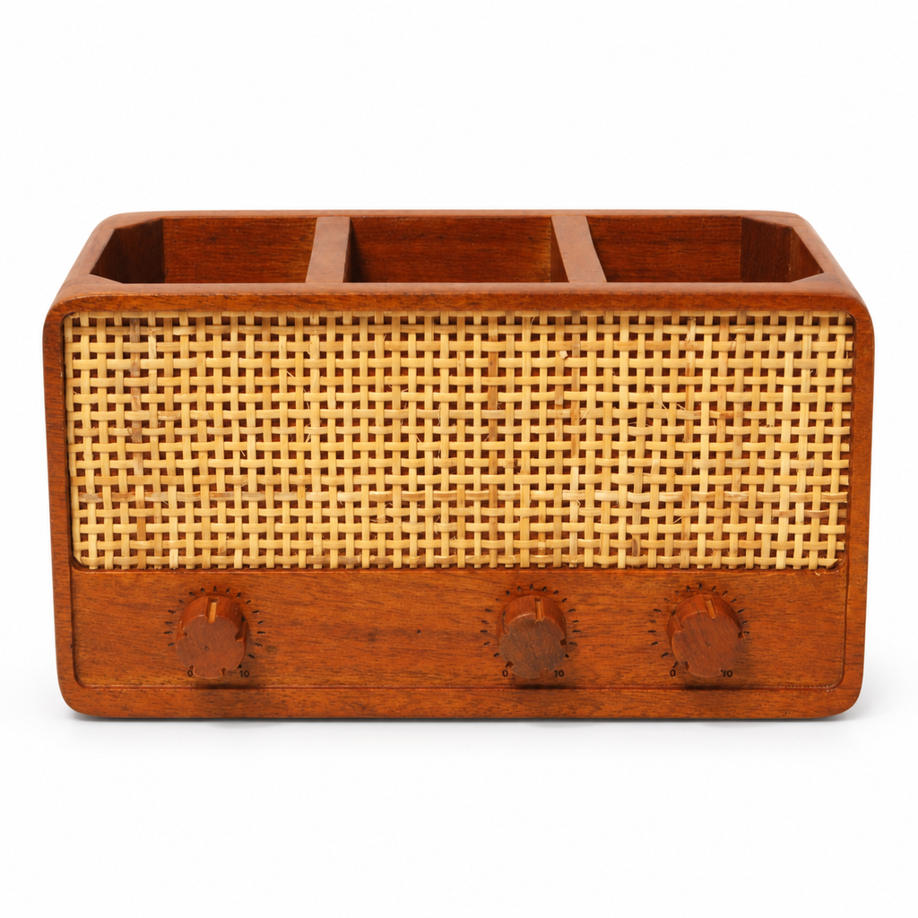 Brown wooden radio organiser with cane detail – front view for table or shelf décor – hoWme