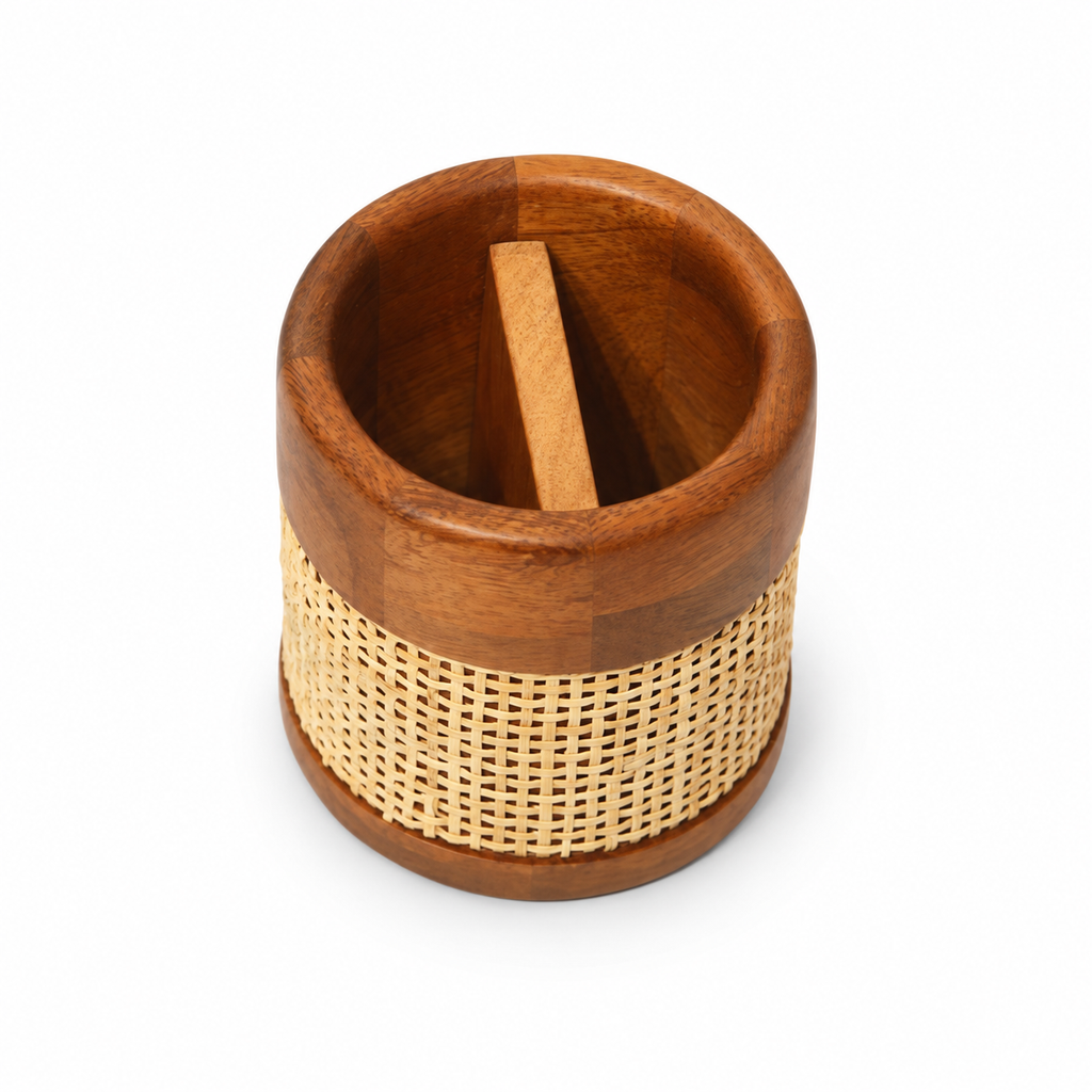 Brown wooden pen stand with cane detail and dividers – top view for table or shelf décor – hoWme