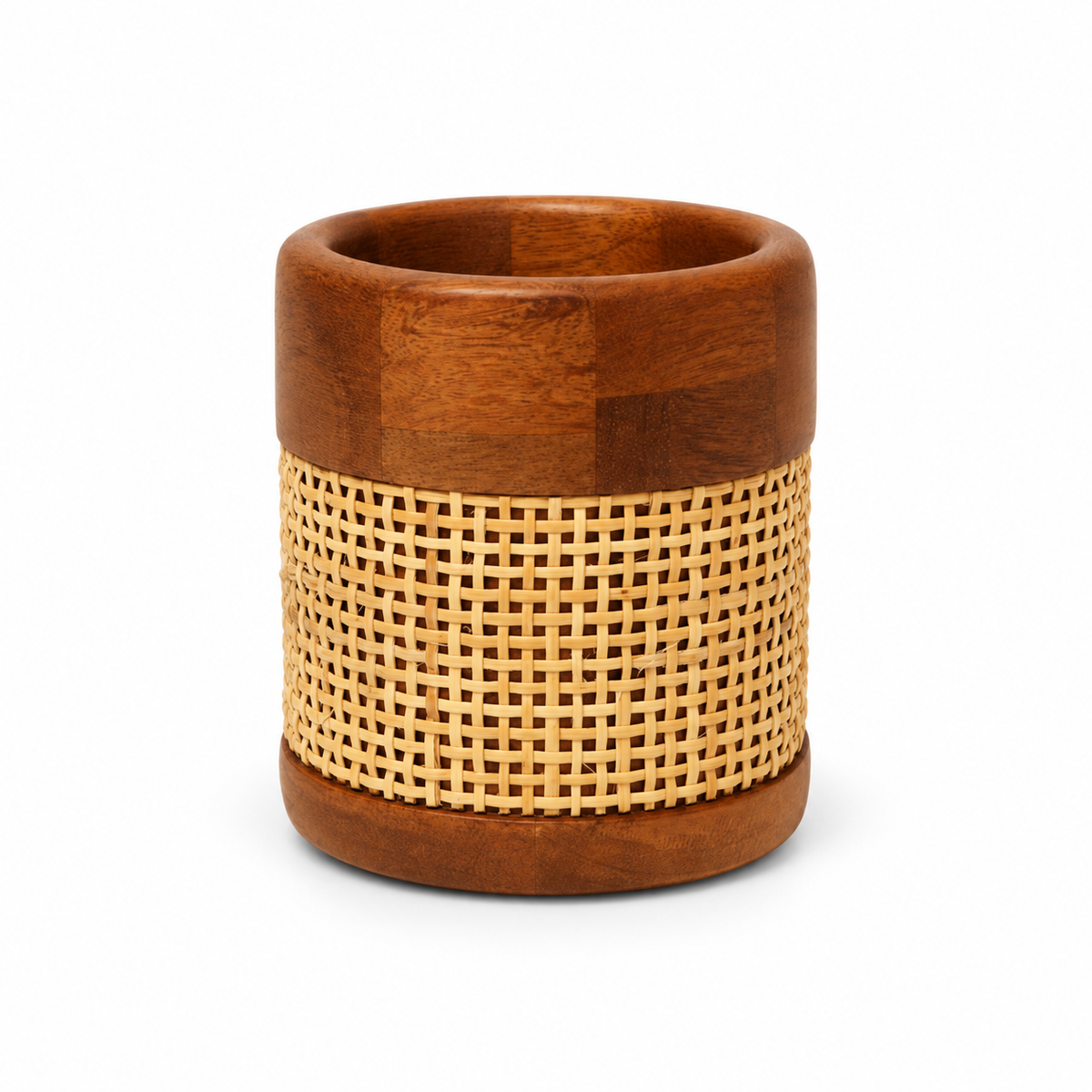 Brown wooden pen stand with cane detail – front view for table or shelf décor – hoWme