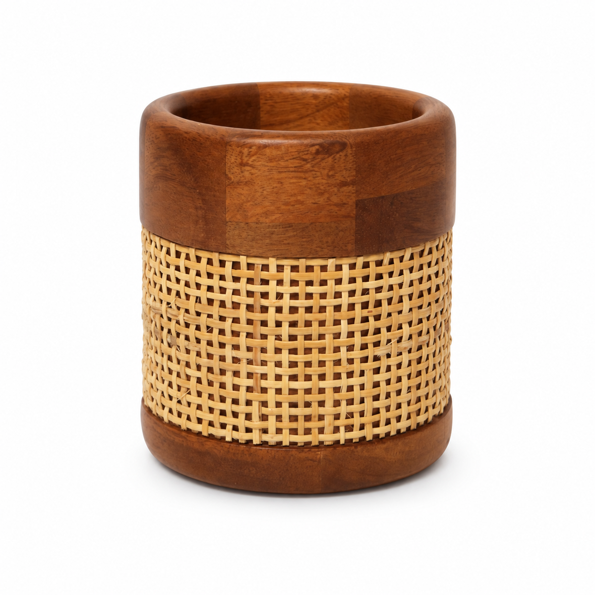 Brown wooden pen stand with cane detail – alternate front view for table or shelf décor – hoWme