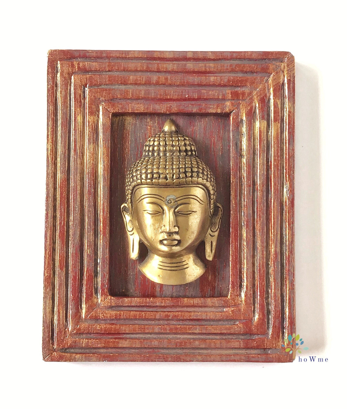Handcrafted wooden frame with brass Buddha artefact for table or shelf décor – hoWme