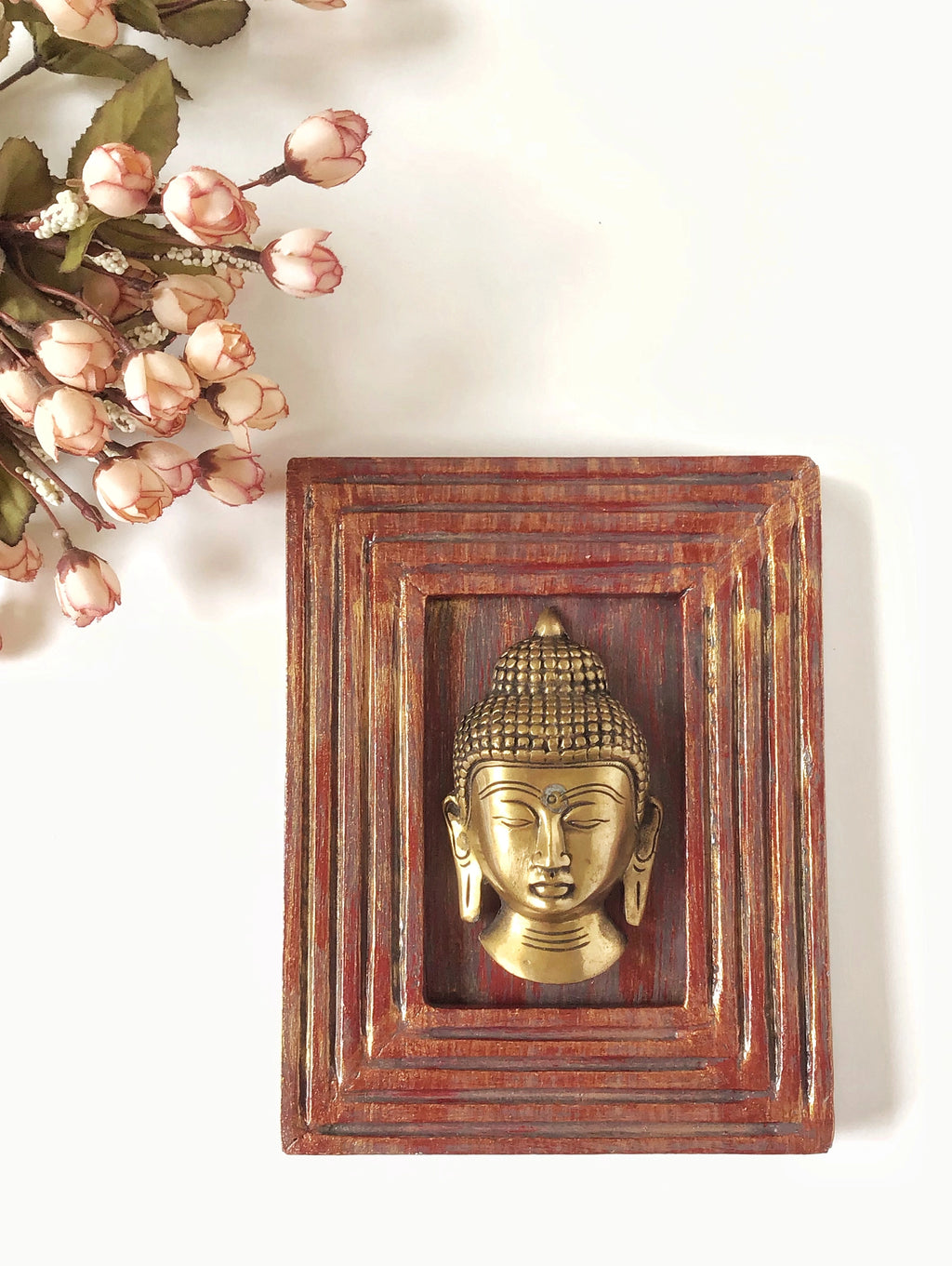 Handcrafted Wood and brass Buddha framed artefact detail for table or shelf décor – hoWme