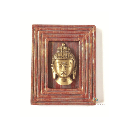 Handcrafted Wooden frame with brass Buddha artefact on white background for table or shelf décor – hoWme