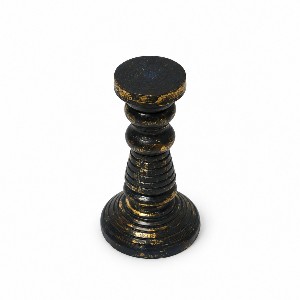 Black and gold wooden candlestand on a white background. hoWme