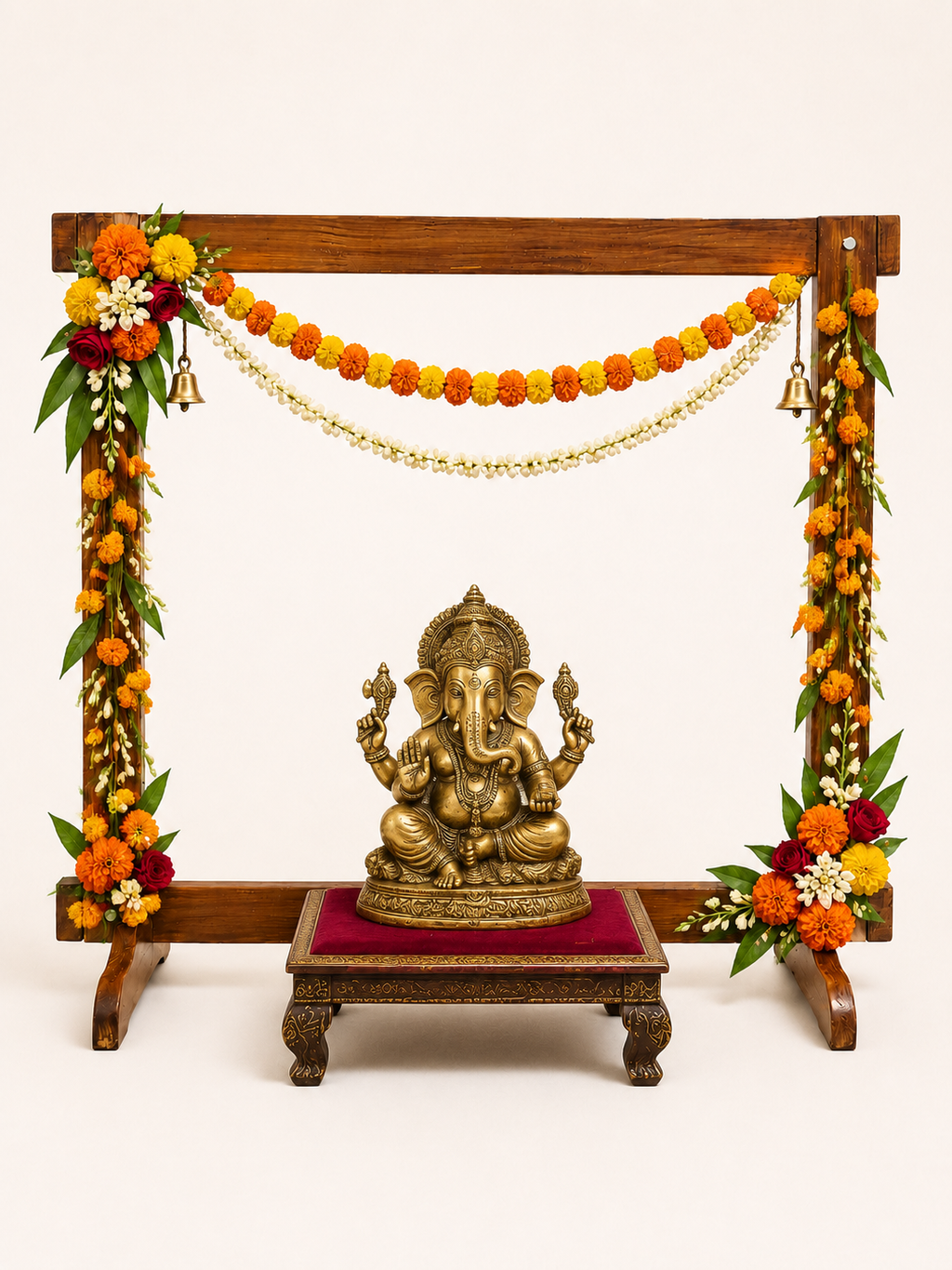 Handcrafted Wooden display frame styled with Ganesha and garlands; accessories not included – hoWme