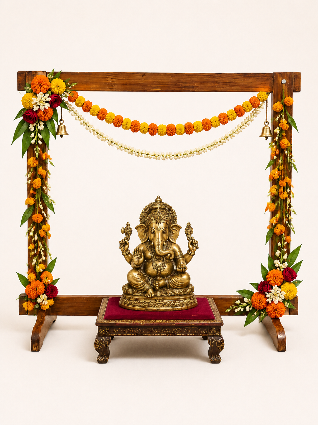 Handcrafted Wooden display frame styled with Ganesha and garlands; accessories not included – hoWme