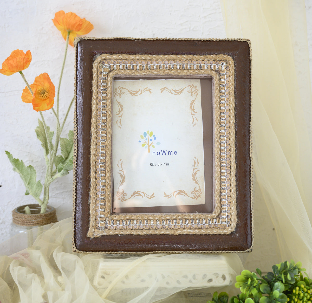 Handcrafted Wooden photo frame finished with a jute burlap flower for table or shelf décor – hoWme