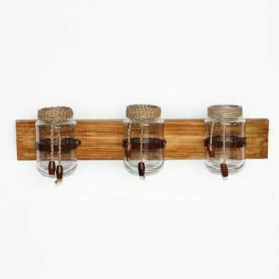 Handcrafted brown wooden wall planter holding three mason jars – hoWme