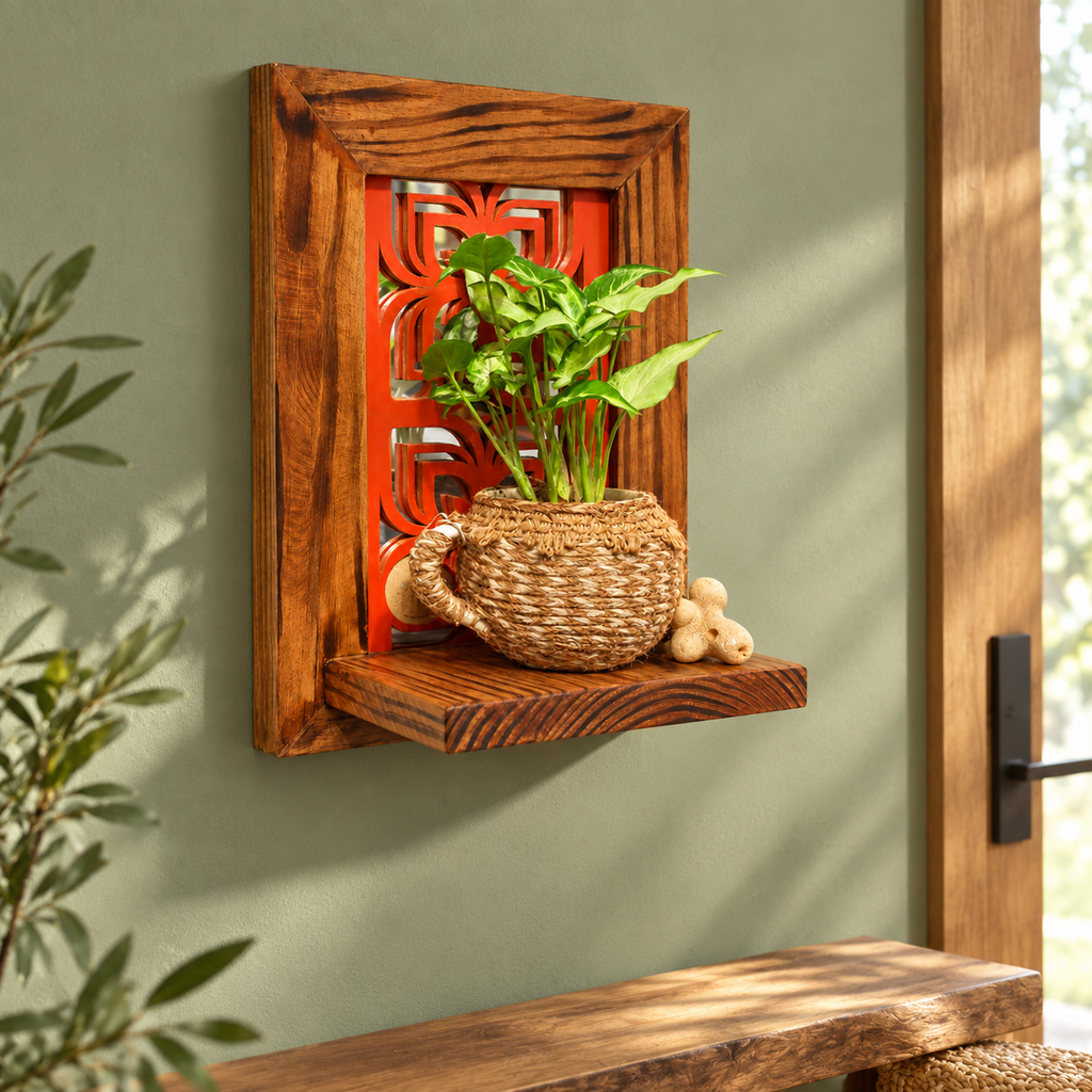 Handcrafted Gulnaar Heritage Shelf Red styled on sage wall – hoWme