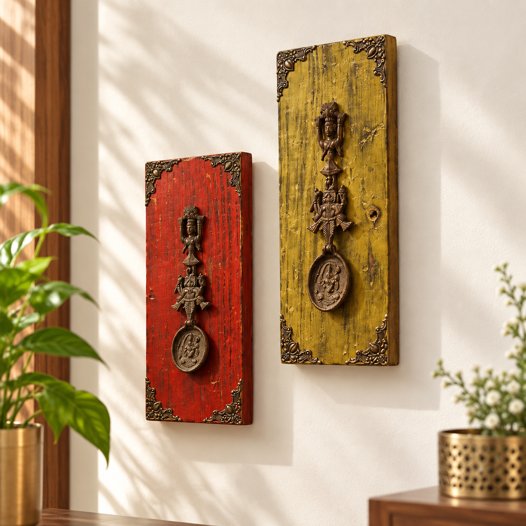 Yellow wooden wall panel with raised brass artefact, shown on a wall. hoWme