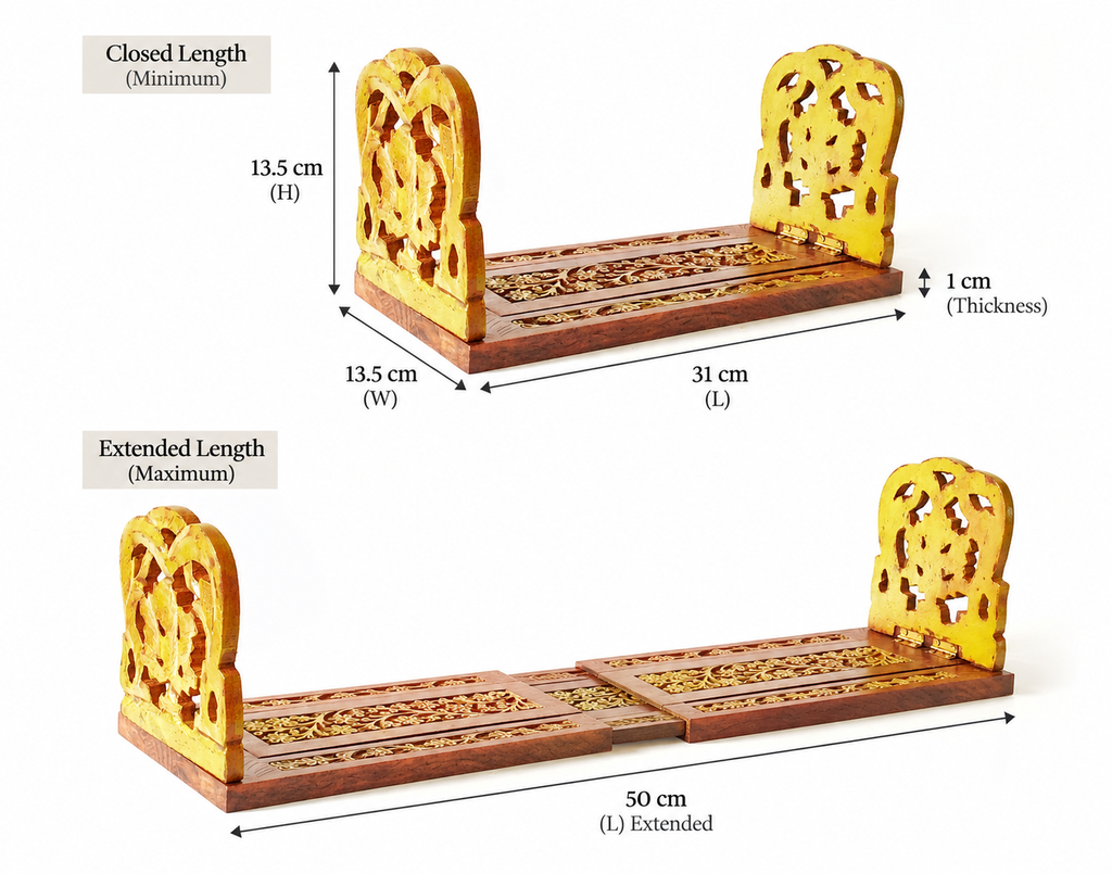 Yellow extendable wooden bookend dimensions showing 31 cm length and 50 cm extended length for table or shelf décor – hoWme