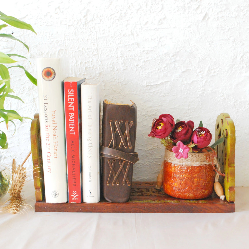 Handcrafted Yellow extendable wooden bookend styled with books and decor for table or shelf décor – hoWme