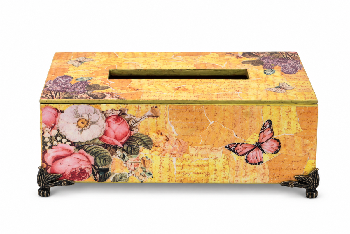 Yellow floral butterfly decoupage tissue holder on white background, view 1 for table or shelf décor – hoWme