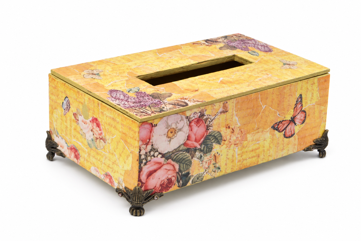 Yellow floral butterfly decoupage tissue holder on white background, view 2 for table or shelf décor – hoWme