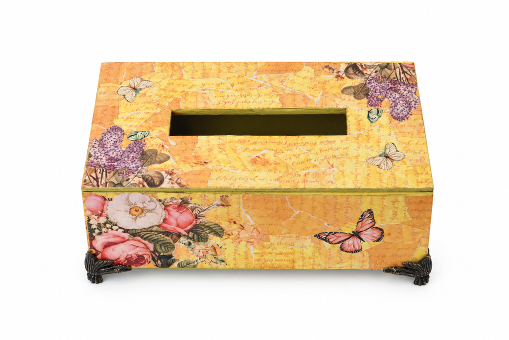 Yellow floral butterfly decoupage tissue holder on white background, view 3 for table or shelf décor – hoWme