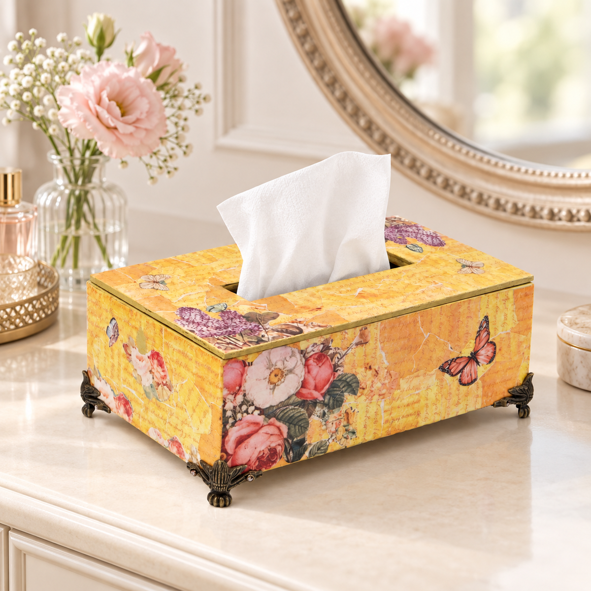 Yellow and orange floral butterfly decoupage tissue holder for table or shelf décor – hoWme