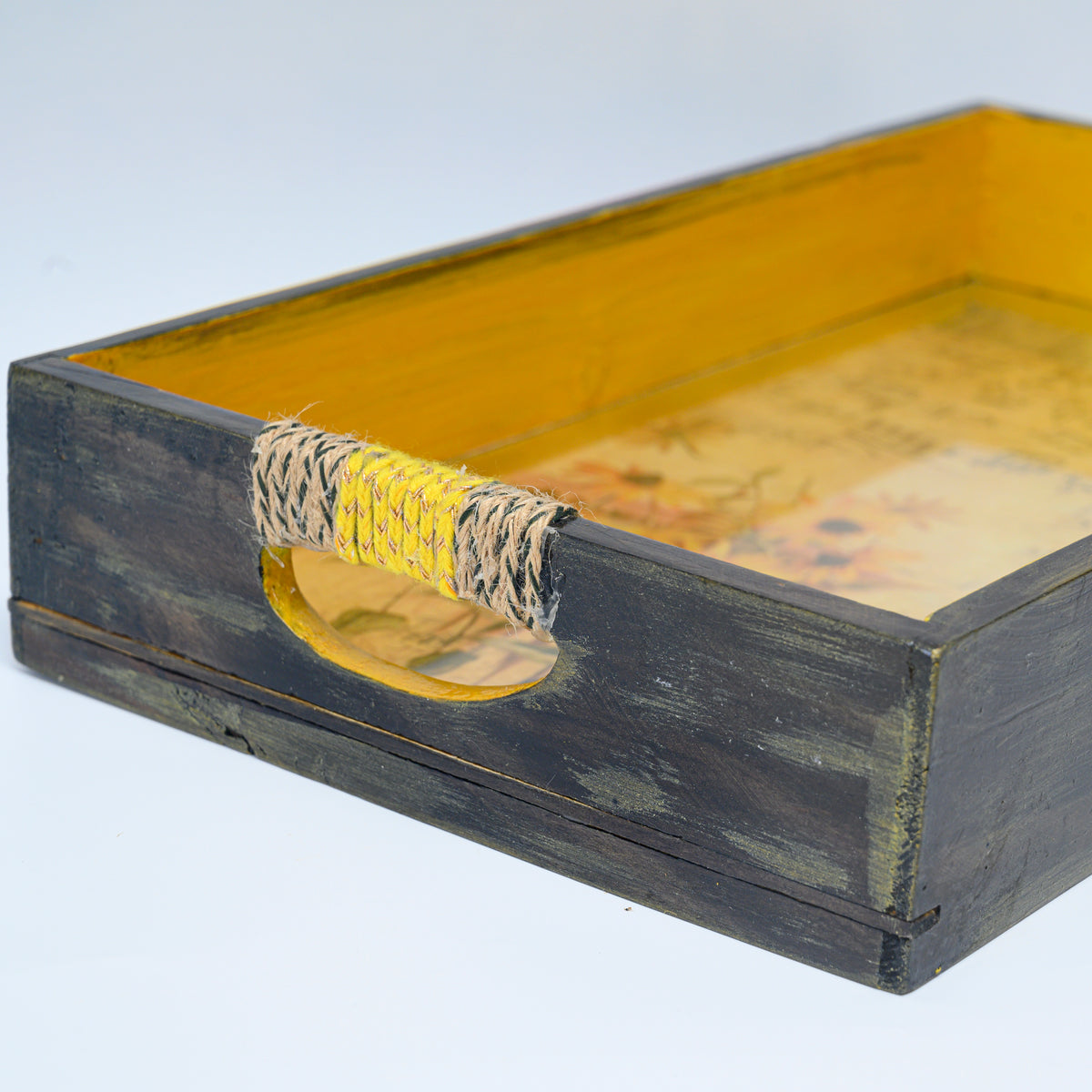 Yellow floral music print wooden serving tray close-up hoWme