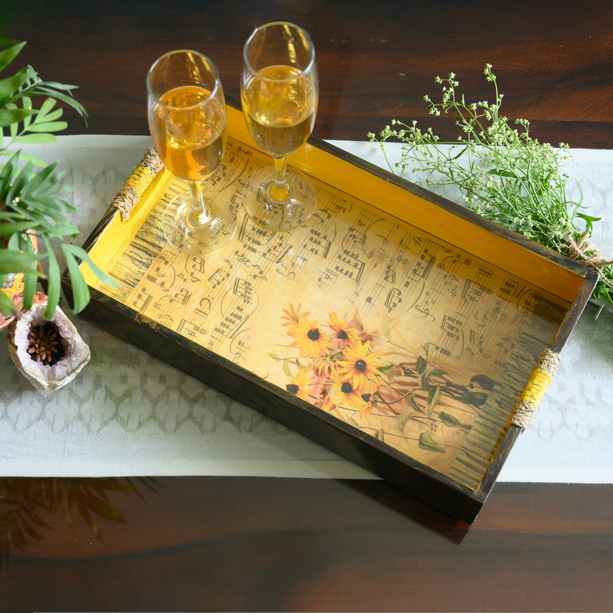 Yellow floral music print wooden serving tray styled with glasses hoWme