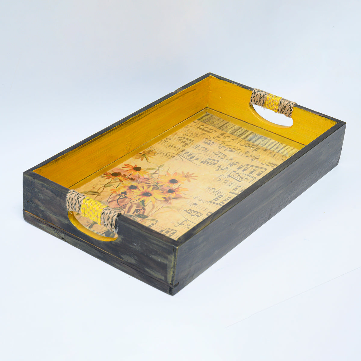 Yellow floral music print wooden serving tray alternate view hoWme