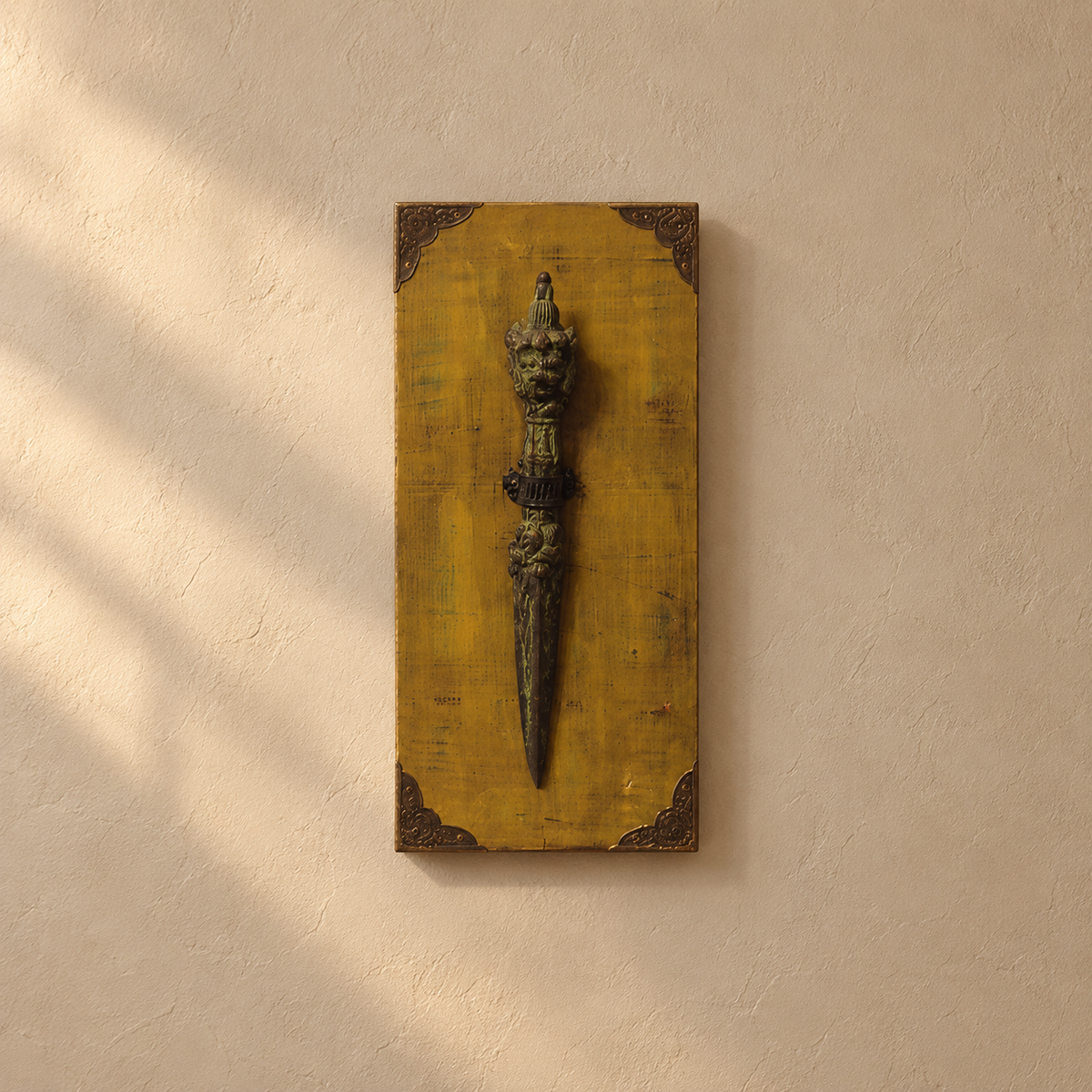 Yellow wooden wall panel with raised metal artefact, styled on a wall. hoWme