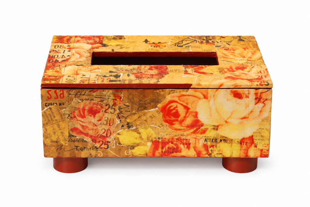 Yellow and orange decoupage tissue holder on white background – view one for table or shelf décor – hoWme